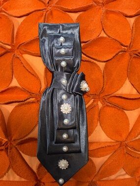 Blue Satin Decorative Neck Scarf with Pearl & Rhinestone Buttons